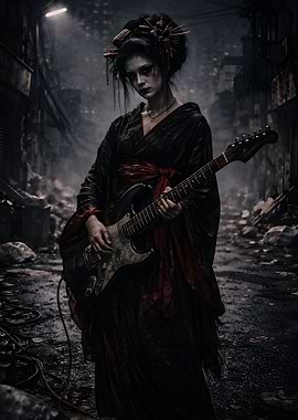 Geisha with Electric Guitar in Ruins
