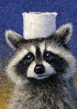 Raccoon with Toilet Paper Hat Painting