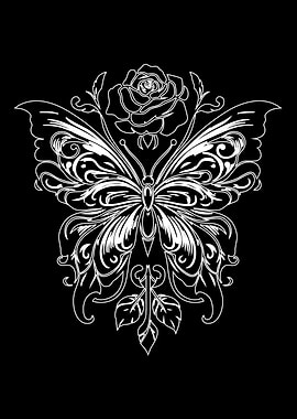 Butterfly and Rose Line Art