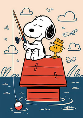Snoopy and Woodstock Fishing Illustration