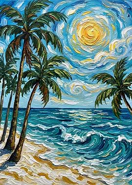 Tropical Beach Painting with Palm Trees
