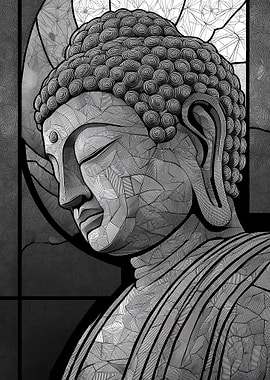 Monochrome Buddha Portrait with Geometric Patterns