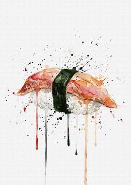 Watercolor Sushi Nigiri with Splatters