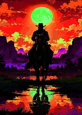 Cowboy Silhouette Under a Green Moon