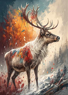 Colorful Deer in Winter Forest Painting