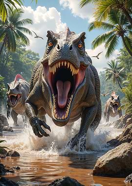 Charging Dinosaur Tyrannosaurus Rex in Jungle River