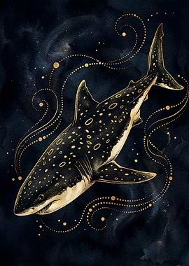 Whale Shark in Dark Blue Watercolor
