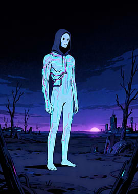 Cybernetic Figure in Wasteland Landscape