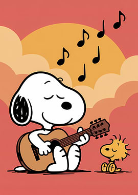 Snoopy playing guitar with Woodstock