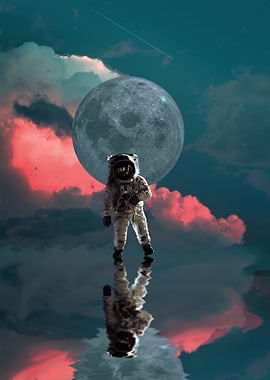 Astronaut Reflection Under Moonlit Sky