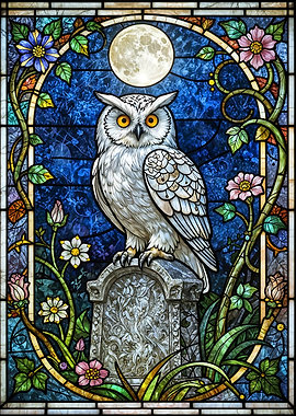 Stained Glass White Owl with Moon and Flowers