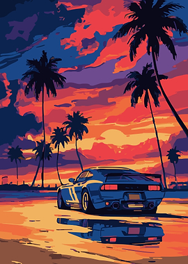 Retro Car on Beach at Sunset