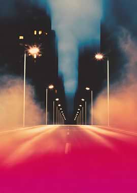 City street at night with fog