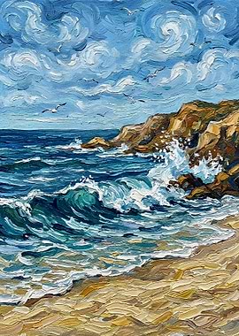 Impressionistic Seascape with Cliffs and Birds