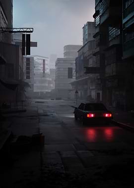 Gloomy Cityscape with Car at Night