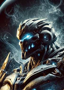 Nebula Knight: Lightning-Eyed Exosuit in Space