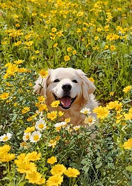Golden Retriever in a field of flowers