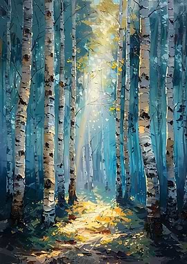 Birch Forest Painting with Sunlight