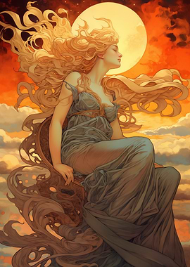Woman with flowing hair under moon