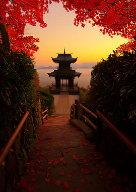 Japanese Temple at Sunset with Autumn Leaves