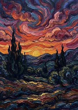 Impressionistic Landscape with Sunset and Trees