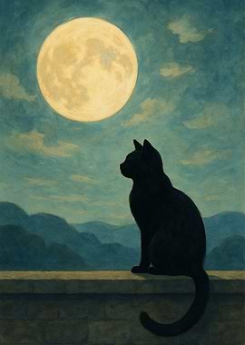 Black Cat Under Moonlight Painting
