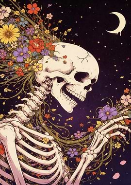 Floral Skeleton Under Crescent Moon