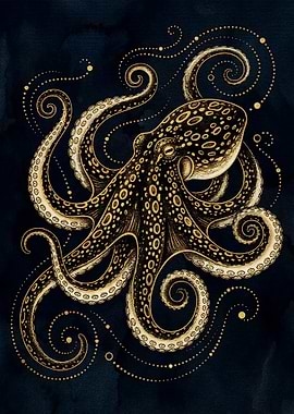 Golden Octopus on Dark Blue Background