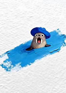 Cartoon Walrus with Blue Hat