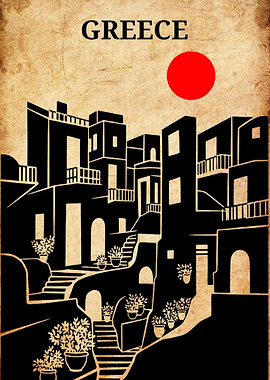 Greece Architecture Black and Red Illustration