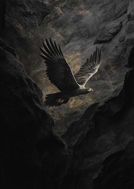 Eagle soaring through dark rocky landscape