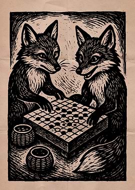 Foxes playing Go, woodcut style