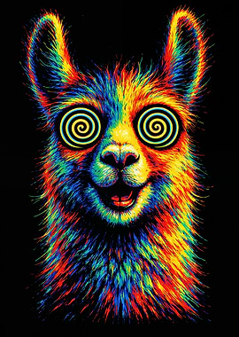 Psychedelic Llama Portrait on Black Background