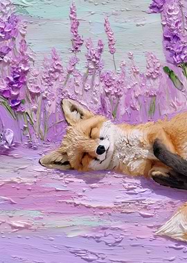 Sleeping Fox in Lavender Field Painting