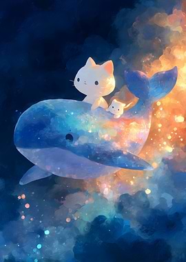 Cats riding a whale in space