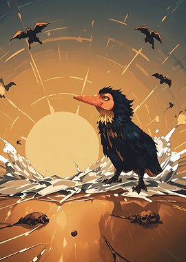 Stylized Bird with Bats in Sunset