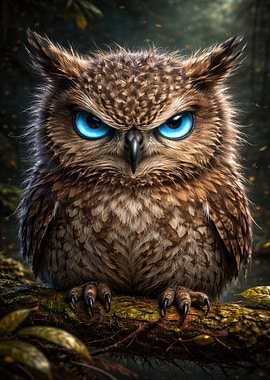 Owl with piercing blue eyes portrait
