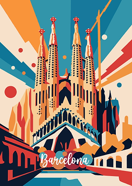 Barcelona Sagrada Familia Colorful Illustration