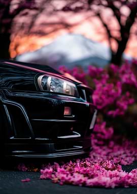 Black Nissan Skyline with Cherry Blossoms at Mount Fuji