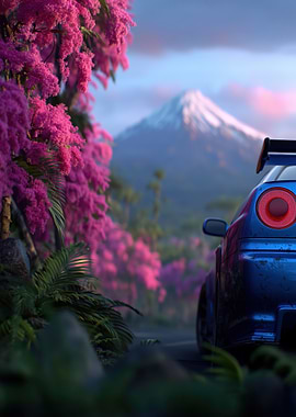 Blue Nissan Skyline R34 at Mount Fuji