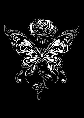 Butterfly and Rose Black and White