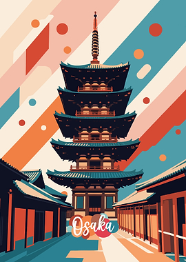 Osaka Pagoda Illustration with Geometric Background