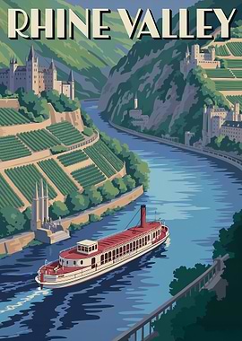 Rhine Valley Vintage Travel Poster