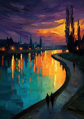 Cityscape River Sunset Oil Painting