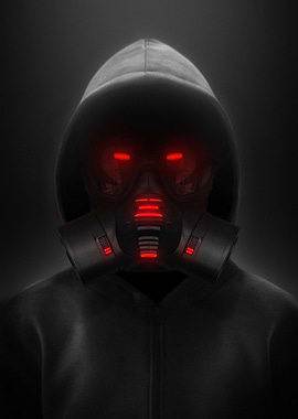 Hooded Figure with Gas Mask and Red Eyes