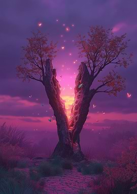 Magical Tree with Butterflies at Sunset