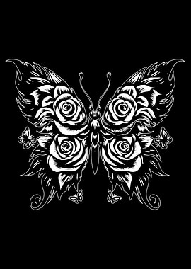 Butterfly Rose Floral Black and White
