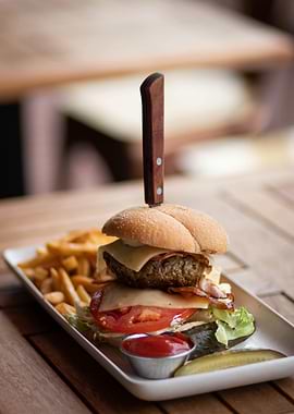 Delicious Burger with Fries and Knife