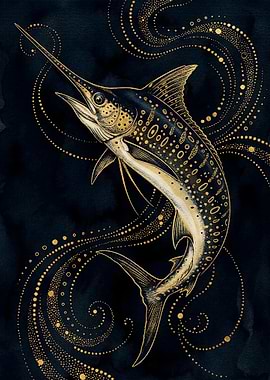 Golden Marlin on Dark Blue Background