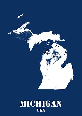 Michigan USA State Minimalist White Topographic Contour Relief Map featuring terrain on navy blue background